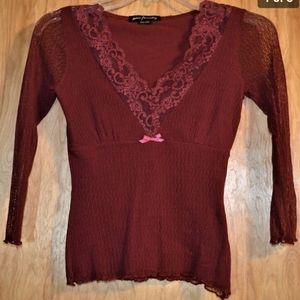 Vintage Ann Ferriday Maroon Pull Over Lace / Mesh / Stretch / Fairy Blouse